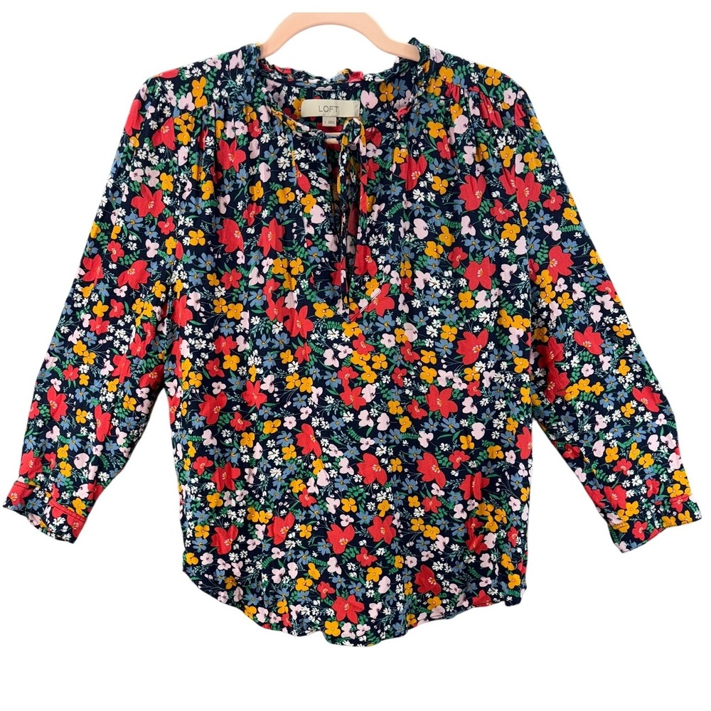 LOFT Floral Blouse Womens Large Navy Blue Multi Split Neck Tie Ruffle Rayon Top